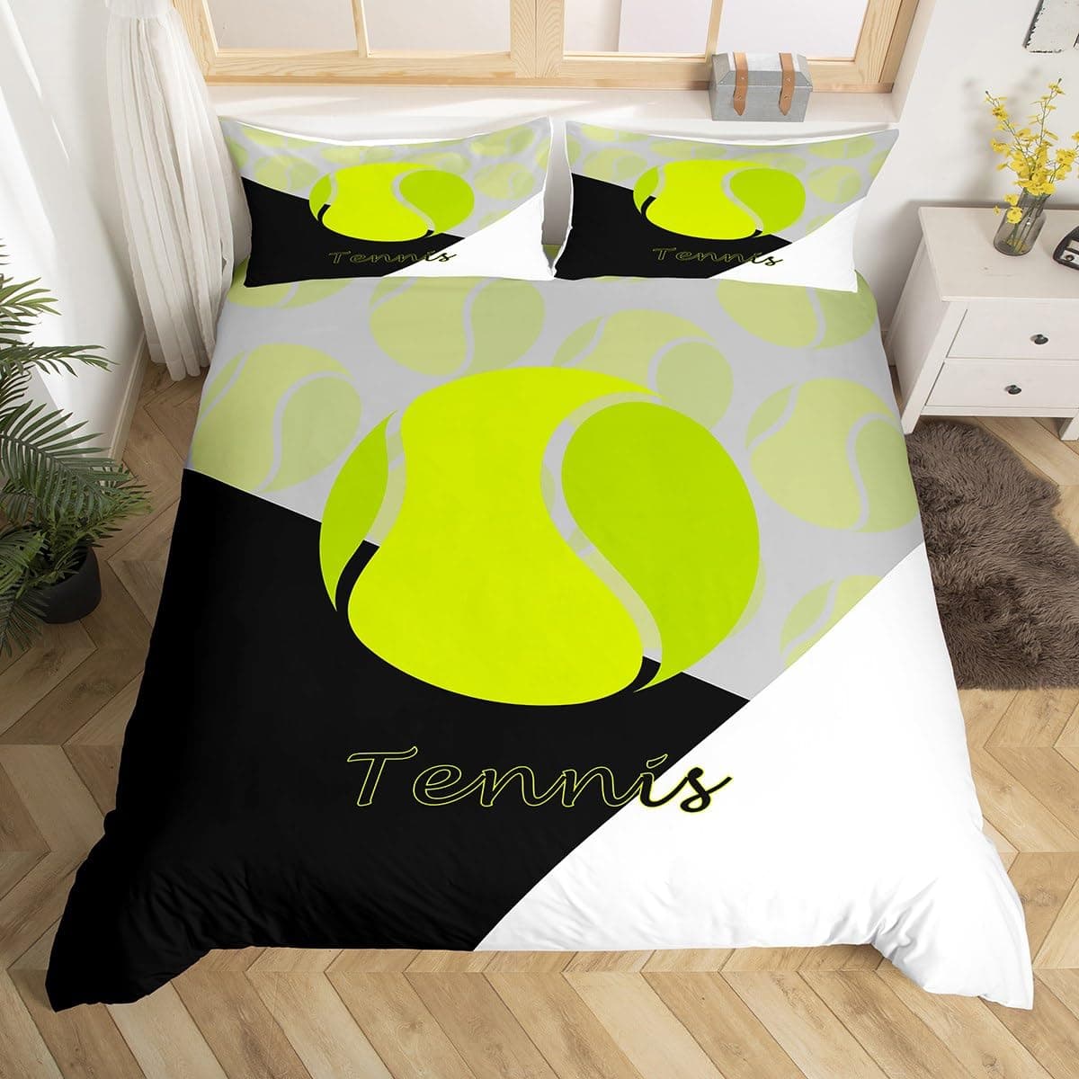 Set Lenjerie de Pat Tenis Mărime Completă Tematică Sportivă Husă de Plapumă Iubitor de Tenis Husă de Plapumă Jocuri cu Mingi Galben Negru Alb