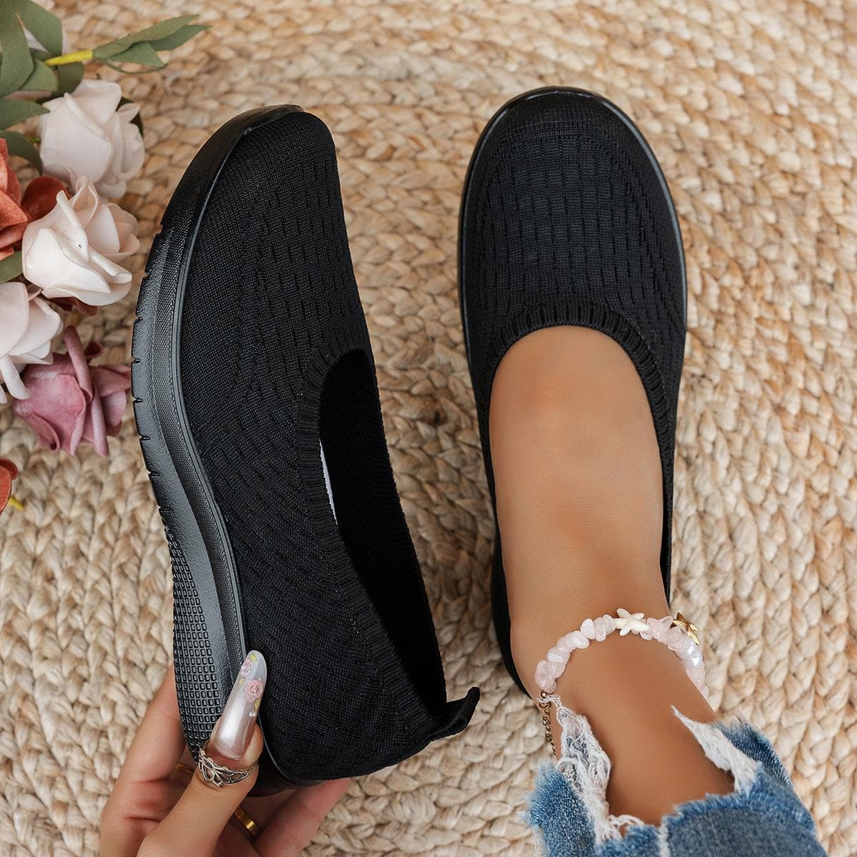 Pantofi casual pentru femei plus-size, Pantofi sport noi pentru femei, cu vârf rotund, toc jos, țesuți din plasă cm bej