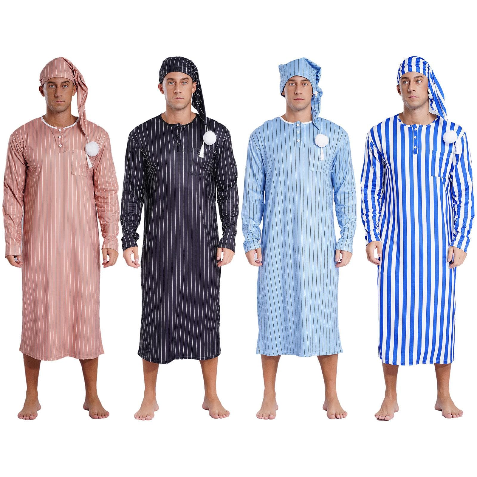 Cămașă de noapte cu mânecă lungă în dungi pentru bărbați, cu șapcă de dormit, set de pijama cm culoare albastru