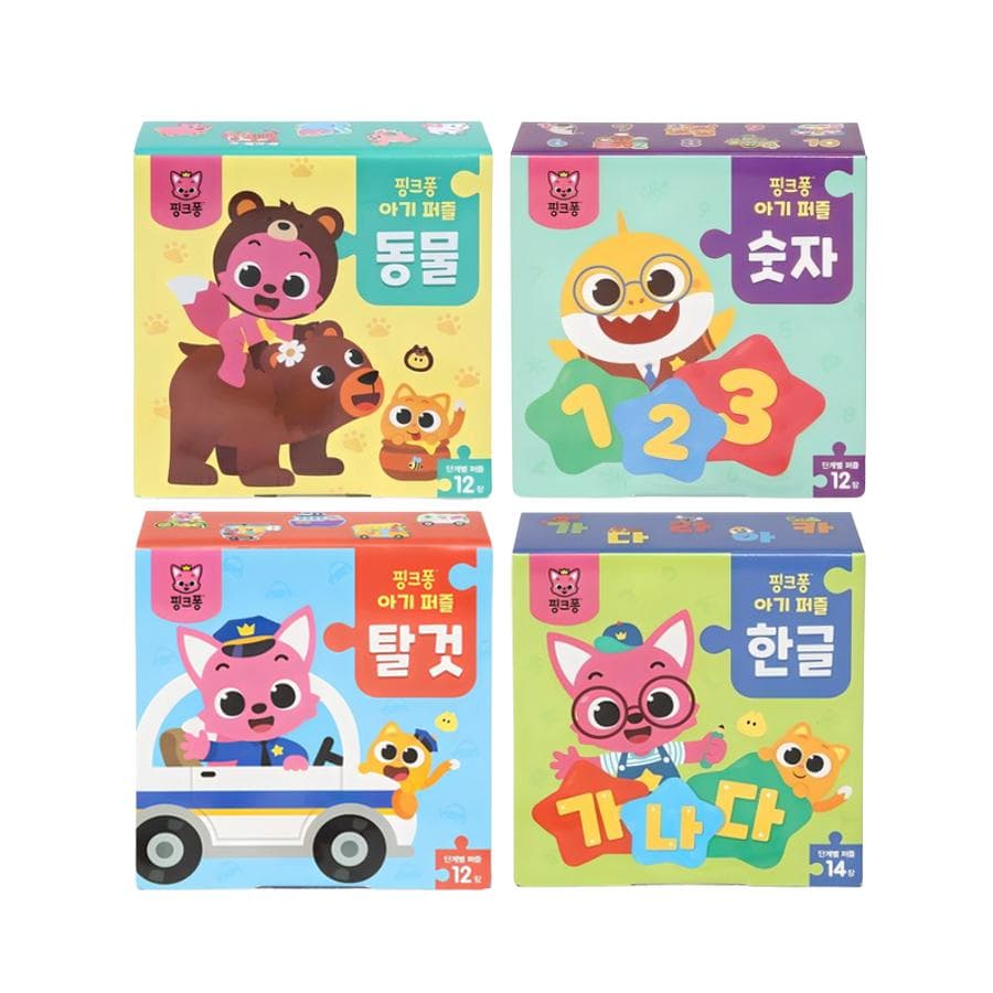 Fabricat în Coreea, Certificat KC – Puzzle pentru bebeluși Pinkfong (Numere + Alfabet coreean + Animale + Vehicule) 4 Opțiuni