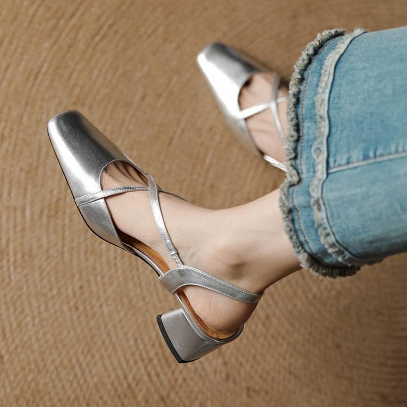 Sandale noi de vară din piele cu toc pătrat, sandale goale, casual, culoare solidă, talpă moale din tendon de vită, sandale cu vârf în pungă,
