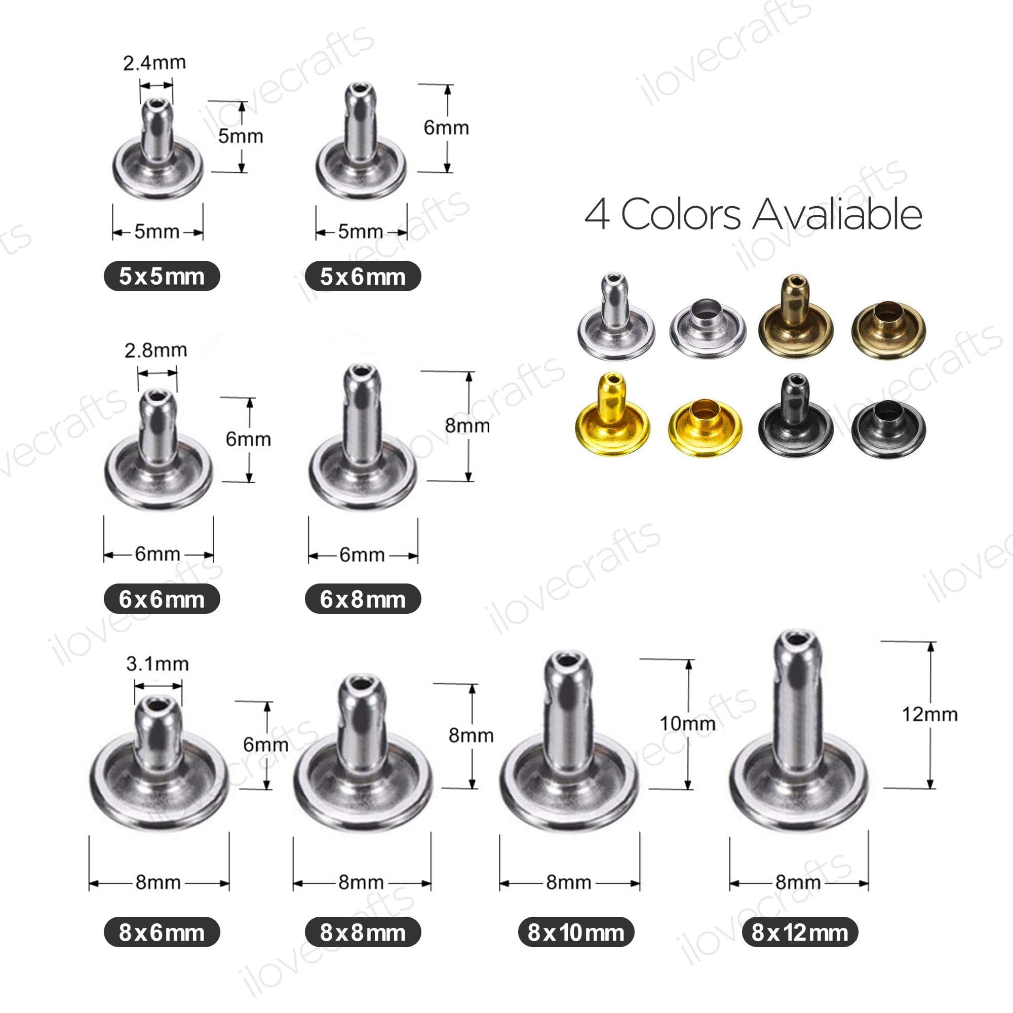 100 seturi de nituri duble capace pentru articole din piele 5mm, 6mm, 7mm, 8mm, 9mm, 10mm, 12mm argintiu
