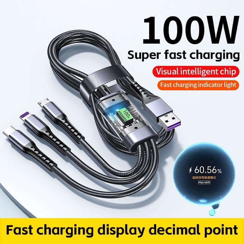 Cablu de încărcare rapidă transparent 3 în 1 100w tip C Usb Micro pentru Iphone Samsung Huawei Xiaomi Încărcător lampă pilot Usb C negru