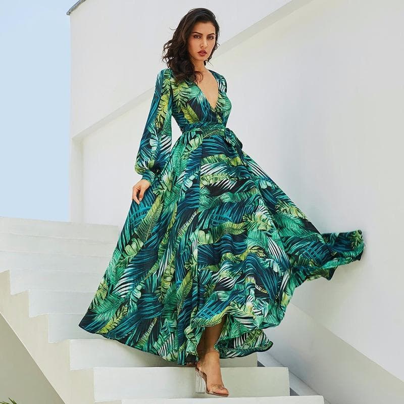2022, primăvară și vară, rochie nouă de damă, cu mânecă lanternă, fustă leagăn cu frunze sexy cu decolteu în V cm verde