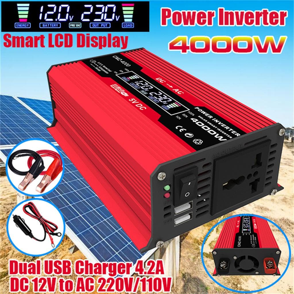Convertor invertor de putere pentru furgonetă de 4000 W, DC 12 V la AC 240 V, unde sinusoidală, încărcător 2 USB roșu