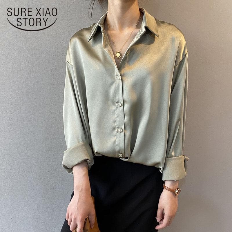 Cămașă din mătase satinată cu nasturi la modă Topuri pentru femei Vintage Casual Bluză de dimensiuni mari Femei cu mânecă lungă Cămăși