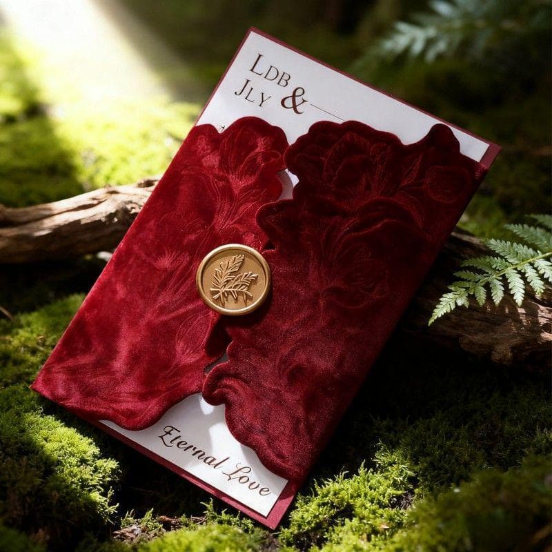 Invitație de Nuntă din Catifea Roșu Claret cu Sigiliu de Ceară – Lux Inspirat de Stilul Francez