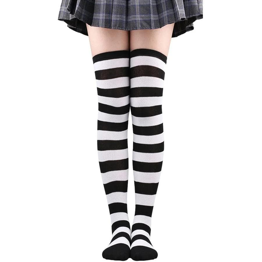 Ciorapi lungi până la coapsă cu dungi pentru femei, Doamne Fete Negru Alb roz, Ciorapi lungi peste genunchi, femboy Cosplay Lolita Harajuku Y2k cm