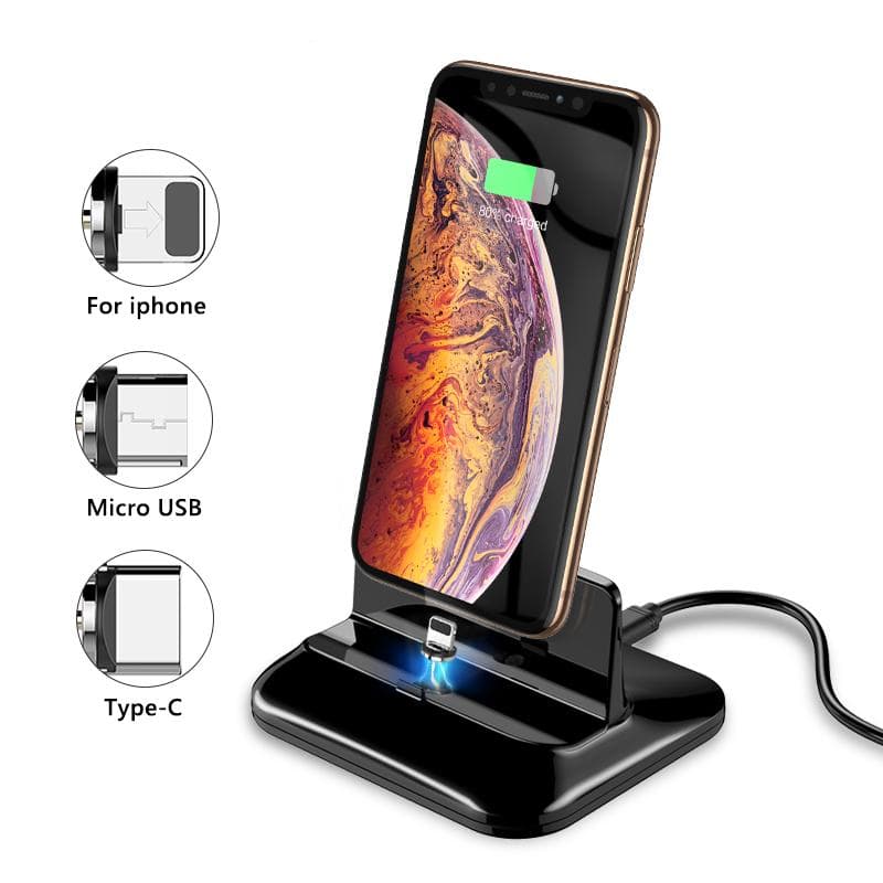 Bază de încărcare magnetică 3 în 1 Type-C Micro USB Pentru iPhone Încărcare Lightning Suport universal pentru telefon negru