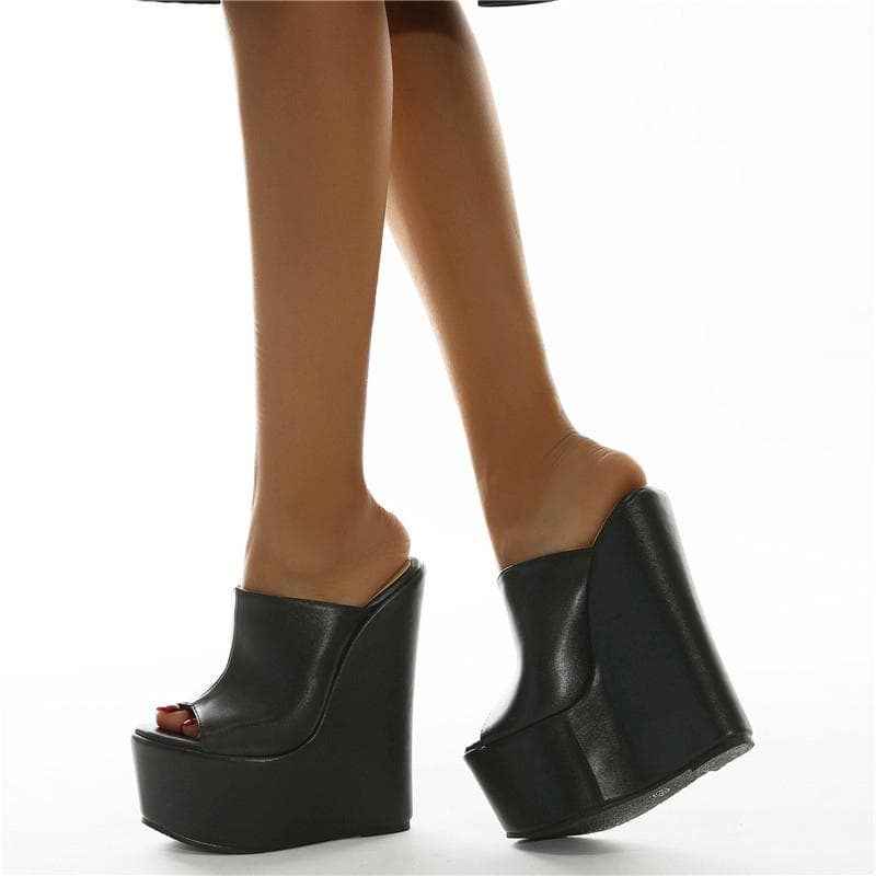 Cea mai nouă modă populară Peep Toe Platformă Papuci cu pană Pantofi de vară negri Sandale cu toc super înalt pentru femei cm negru