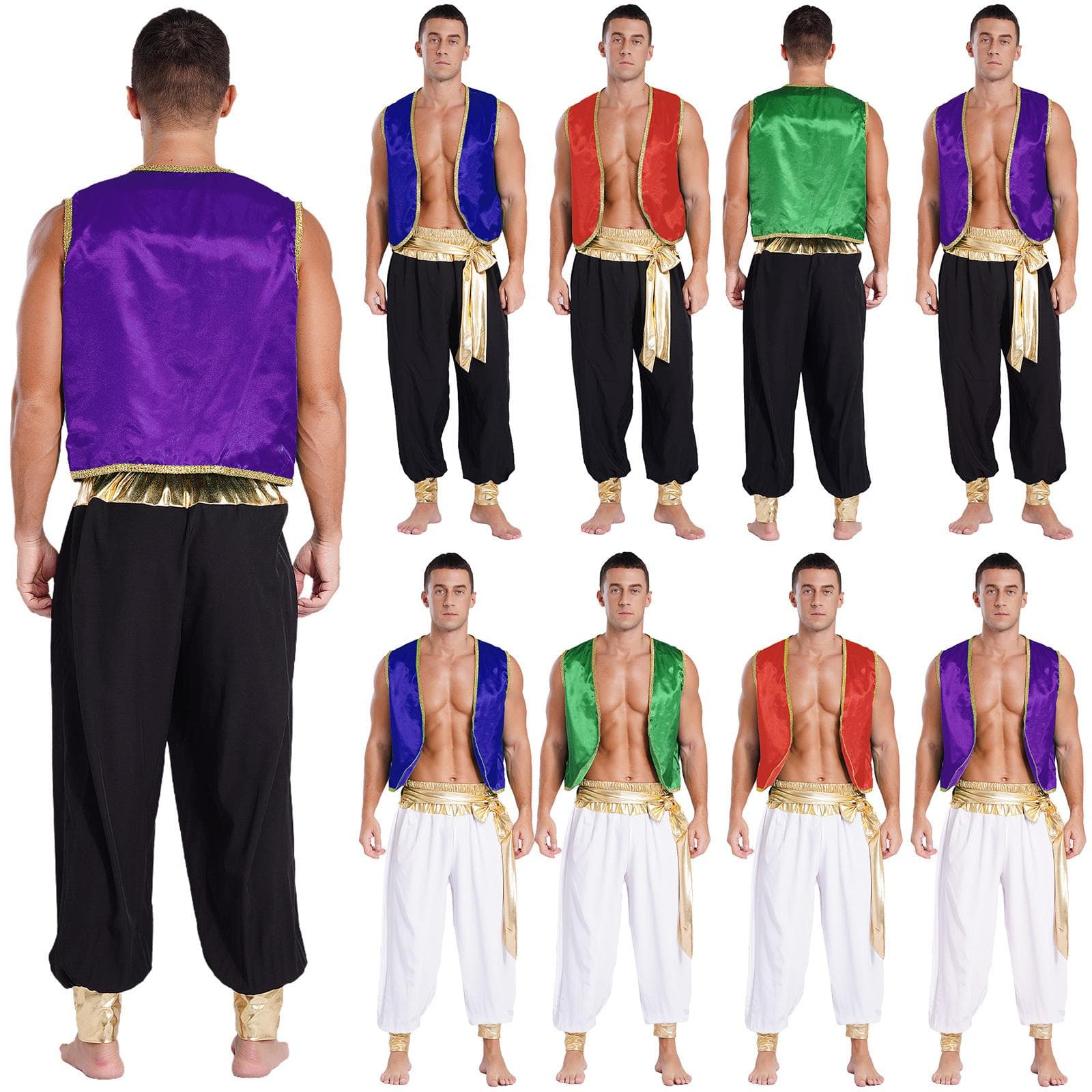 Costum Prinț Arabesc pentru Bărbați Vestă Împletită Pantaloni Patchwork Talie Elastică Carnaval Cosplay cm culoare albastru royal/negru