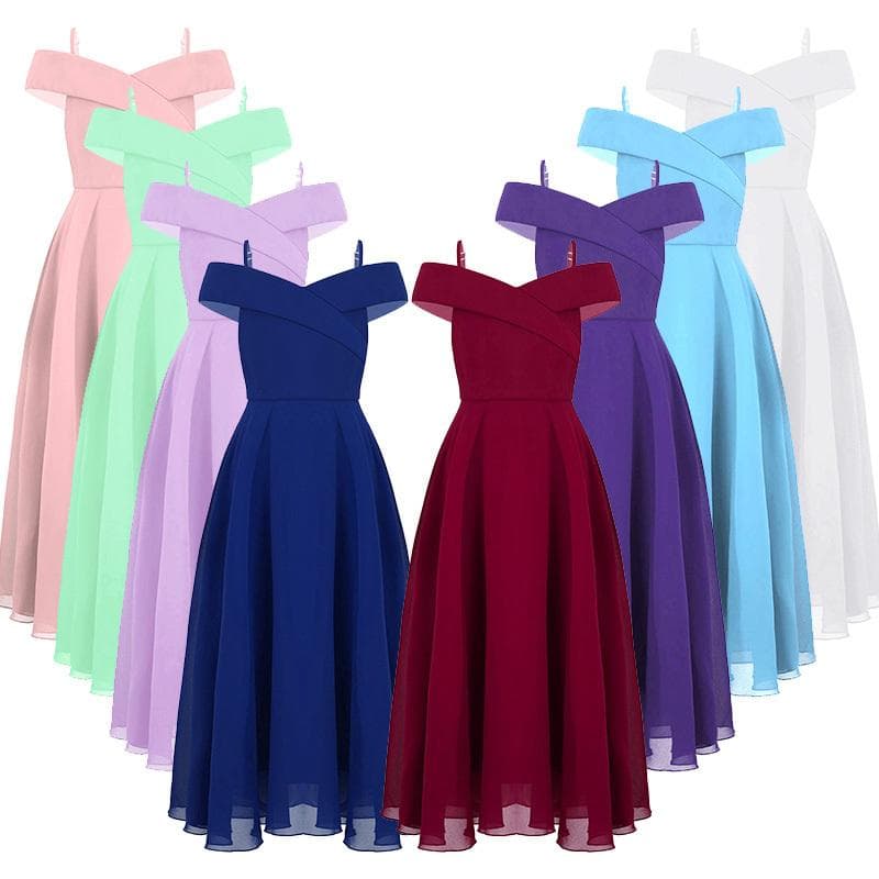 Copii Fete Rochie de petrecere elegantă din șifon, fără umăr, ajustabilă cu bretele spaghetti, rochie în formă de A, până la podea, pentru