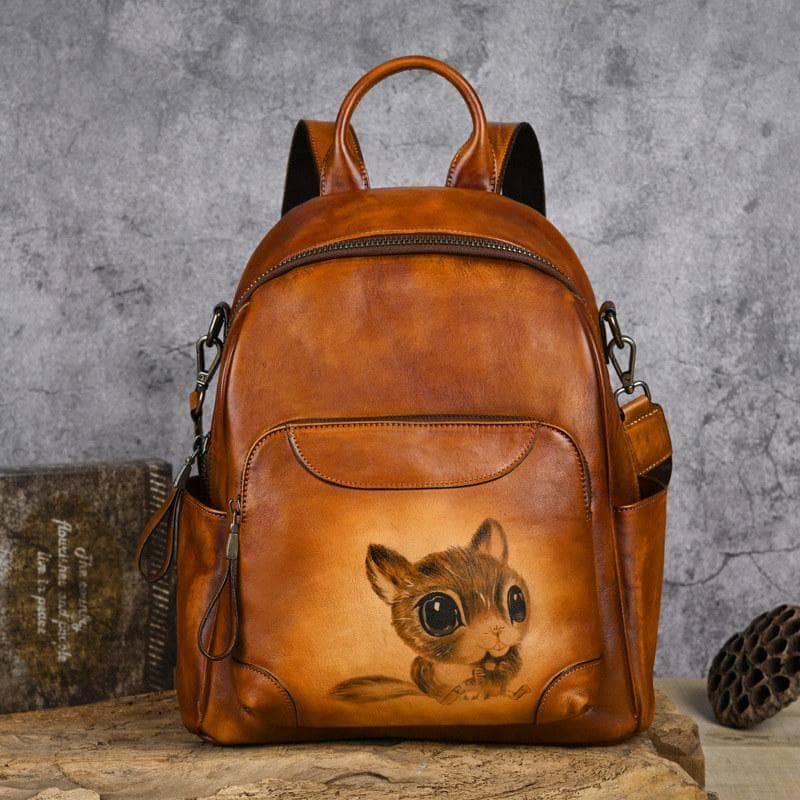 Drăguț Veveriță Rucsac din piele naturală Design vintage Rucsacuri în stil chinezesc Rucsac cafea