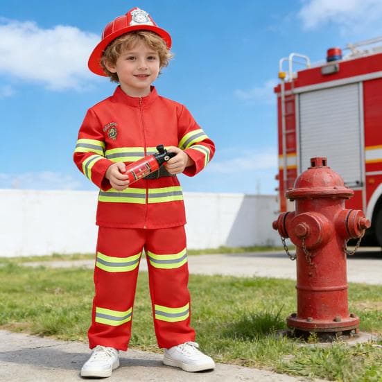 Set Costum Pompier pentru Copii 8 Piese Set Îmbrăcăminte Pompier cu Stingător Petrecere de Zi Joc de Rol Cadou Jucărie pentru Copii Mici Băieți