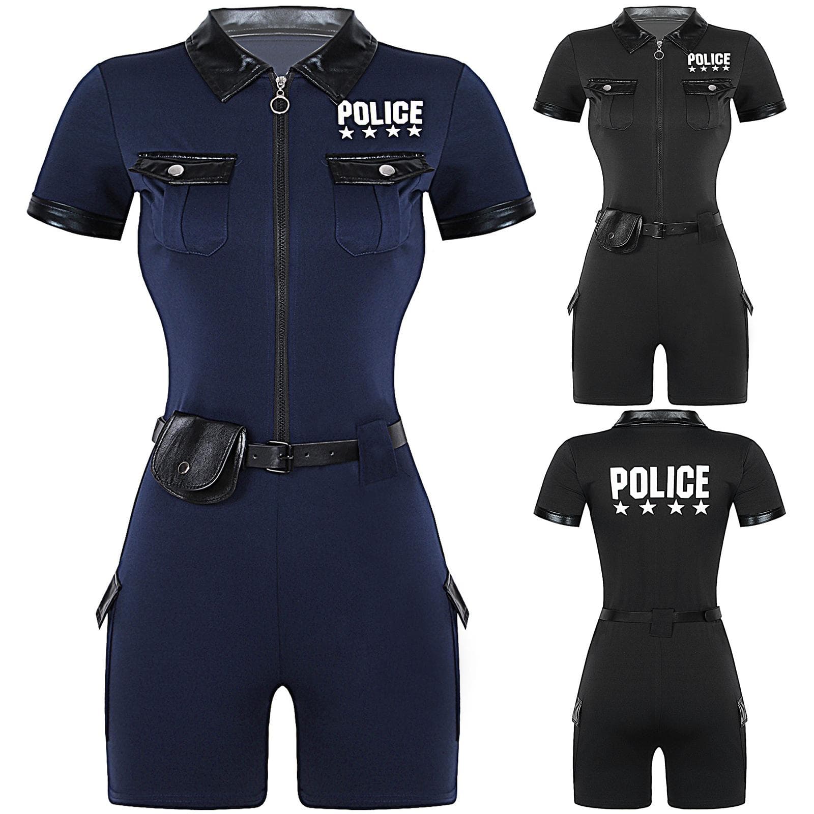 Costum Femei Polițistă Uniformă Salopetă Poliție Ținută Ofițer de Poliție Salopetă cu Fermoar cu Seturi Centură Poșetă Rochie de