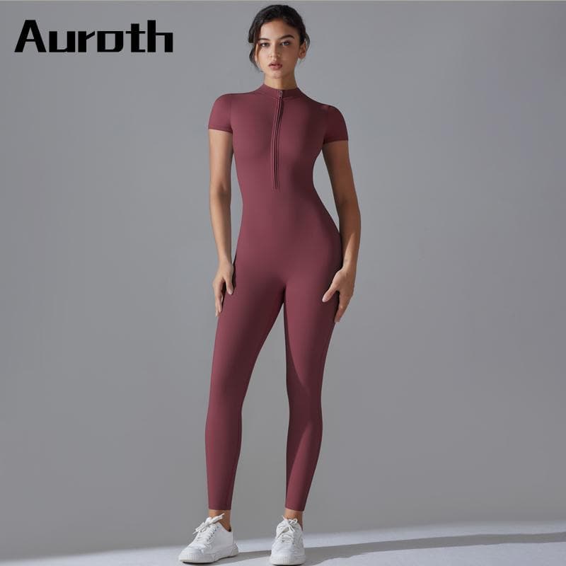 Auroth Salopetă sport pentru alergare cu mânecă scurtă pentru femei, o singură bucată, cu fermoar, salopetă de yoga, piersică, pentru