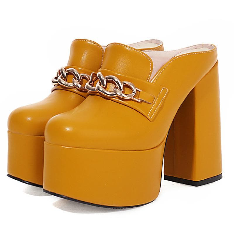 Pantofi Fără Tocuri Bloc Mules Papuci Femei Platformă 2025 Lanț Sexy Pantofi de Vară Pentru Femei Galben Negru Petrecere Pantofi Fetish Doamne cm