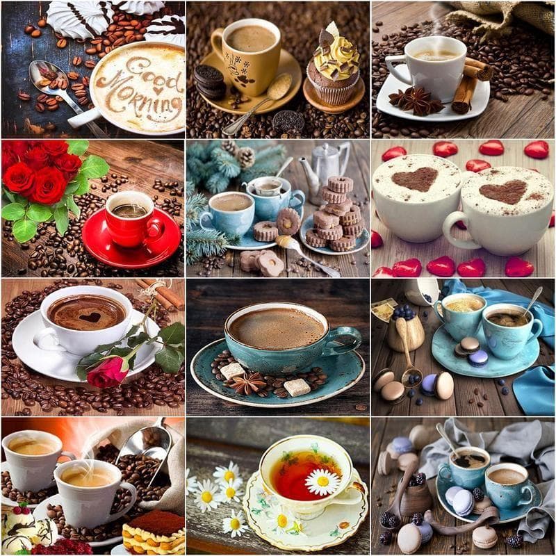 Pictura cu diamante 5D, cafea, macaroane, peisaj, pentru adulți, cu strasuri, broderie cu diamante, mozaic, cadou de decor