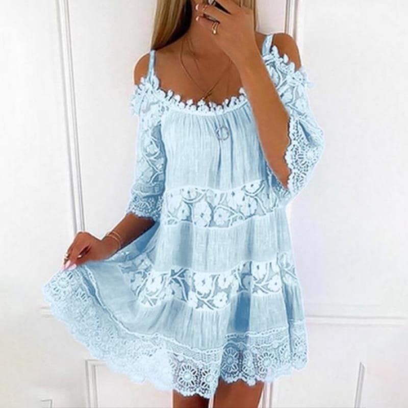 Rochie sexy din dantelă cu umăr în afara lejerului Rochie dulce lejeră de vară cu mânecă scurtă Camisole Culoare uni Gâtul O Rochii scurte