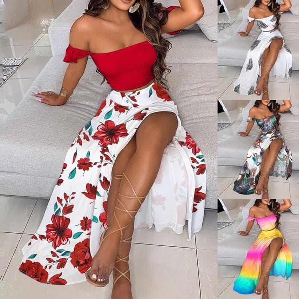 Moda femeilor de vară Seturi elegante două piese Top decupat cu umeri și fustă mini Split Costum Set două piese ținută Plus Size cm multicolor