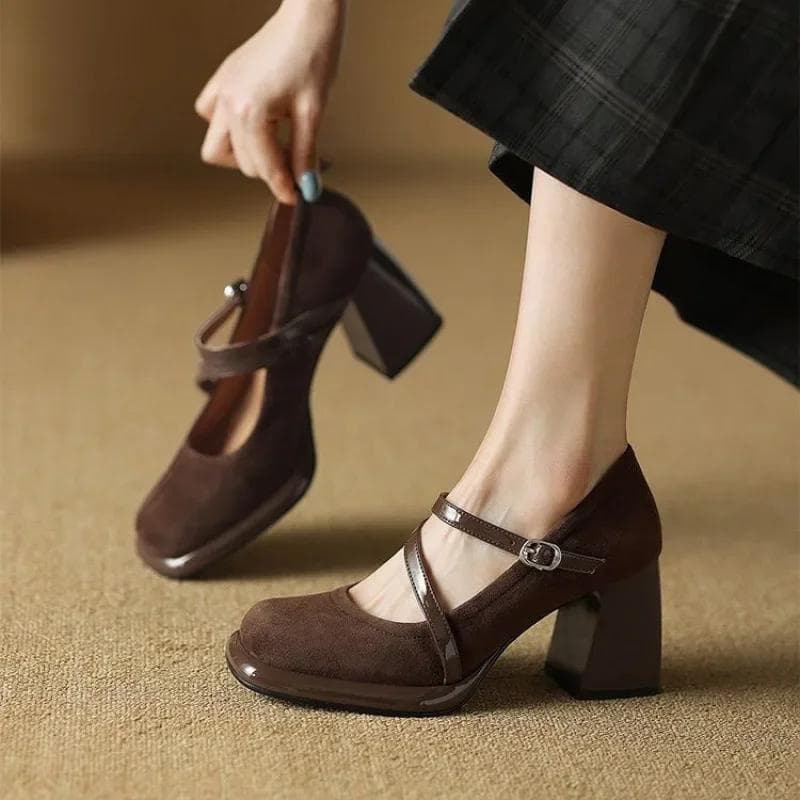 Pantofi cu toc înalt retro francezi confortabili pentru femei, pantofi Mary Jane cu toc gros, pantofi unici noi de primăvară, cu vârf pătrat,