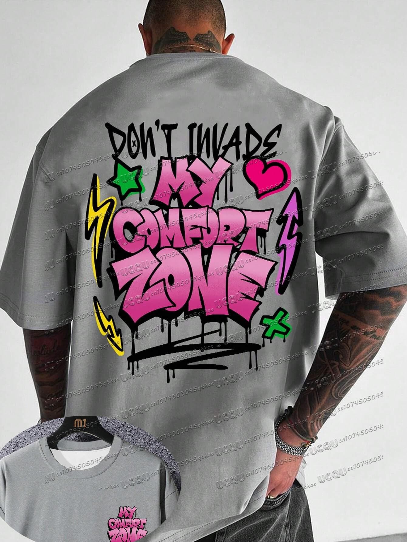 My Comfort Zone Men Slogan Print Short Sleeve Colorful Graffiti Casual T-Shirt Boyfriend Gift Fashion And Trendy Streetwear Top cm