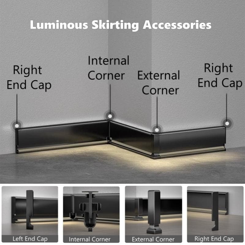 Plintă LED H5/6/8cm, accesorii, profil din aluminiu pentru podea, conector pentru plintă de perete, capac de colț intern și extern din plastic