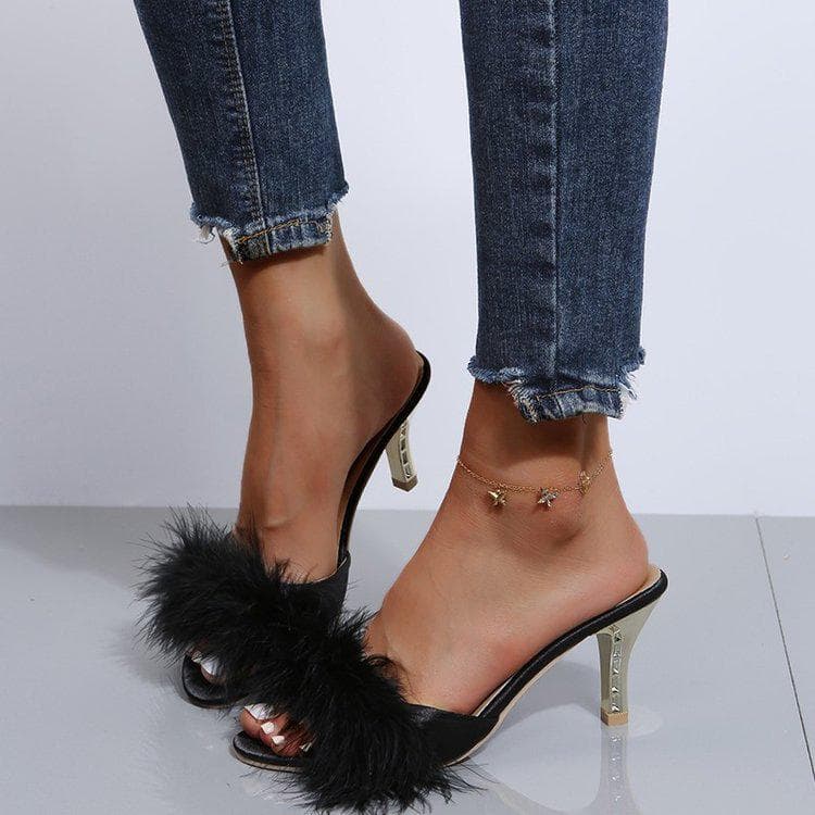 Papuci de damă cu toc stiletto înalt și blană: Sandale Elegante cu Vârf Deschis Mărimi Mari cm crem