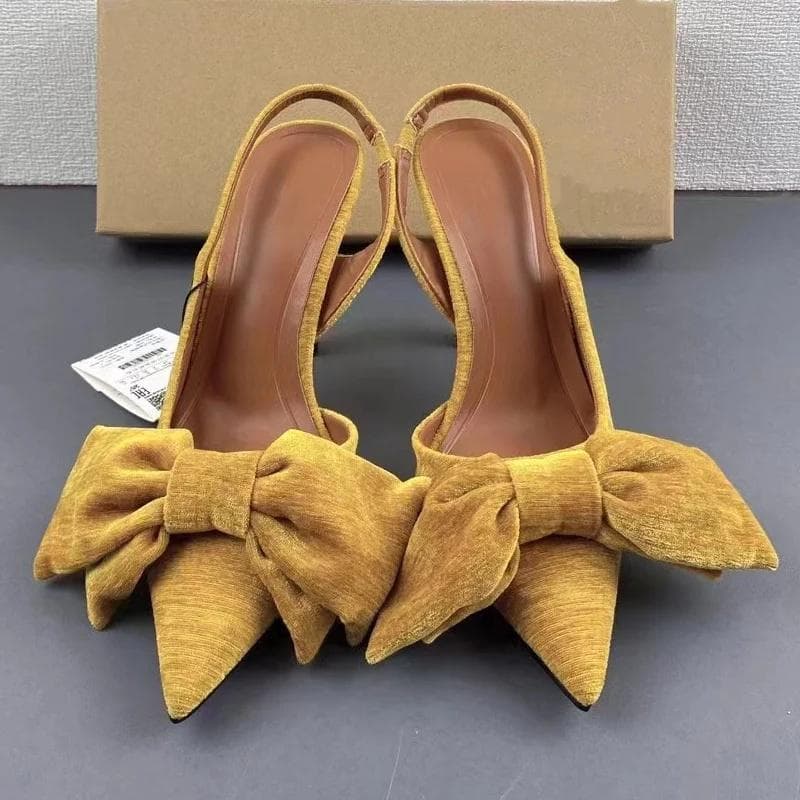 TRAF Pantofi cu Toc Înalt și Fundă de Catifea pentru Femei, Galbeni, Vârf Ascuțit, Pantofi Stiletto, Colecția Toamnă 2024, Pantof Elegant cu
