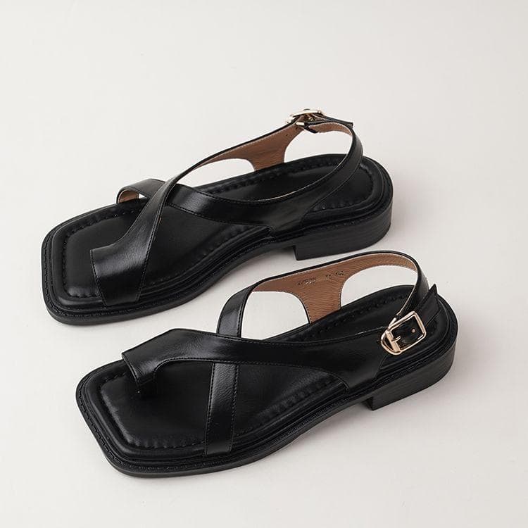 Sandale fashion din piele moale cu degetele expuse pentru femei 2025 vară noi pantofi de plajă cu toc jos curea cataramă pantofi romani pantofi de