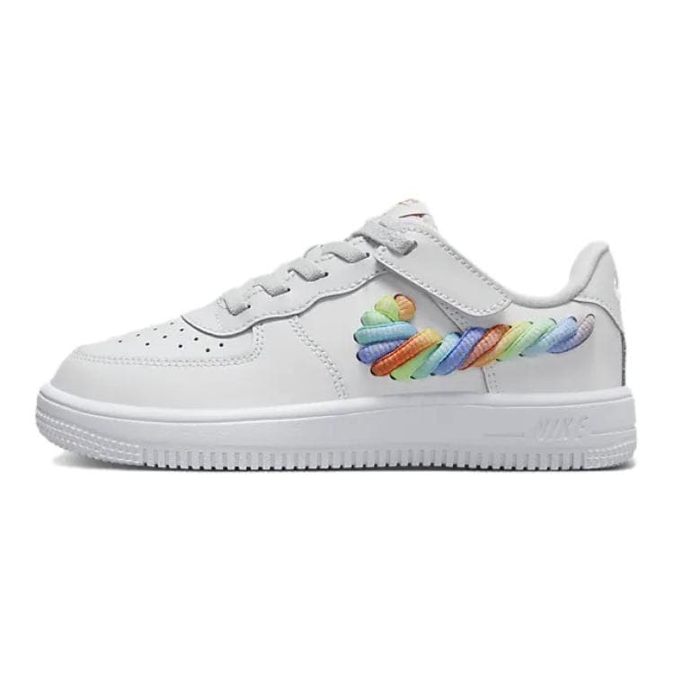 Nike Force 1 Low LV8 EasyOn PS Rainbow Lace Swoosh Kids Sneakers White Terra-Blush Vapor-Green FN4890-100 cm