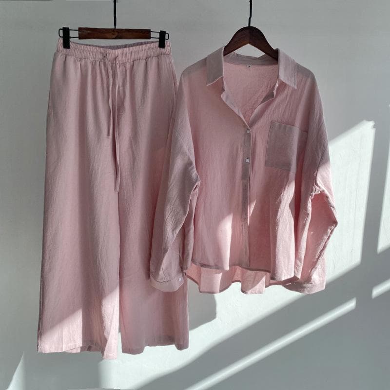 Set două piese de vară Set cămașă din bumbac, in, ținută ocazională, cu mânecă lungă, pantaloni până la gleznă, costum de in, seturi