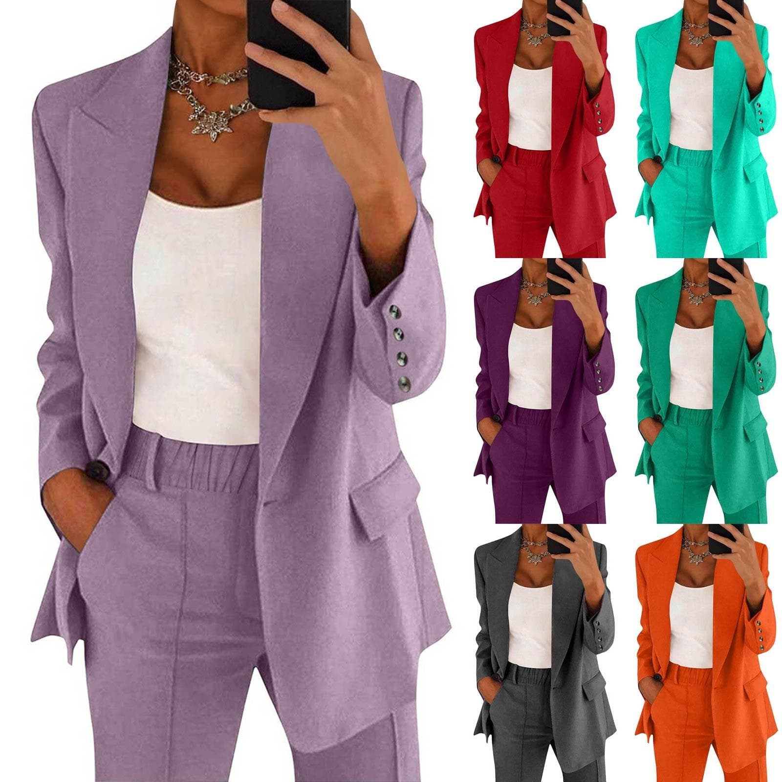 Costum de damă, ocazional, cu mânecă lungă, cu rever, cardigan, jachetă, pantaloni cm culoare violet