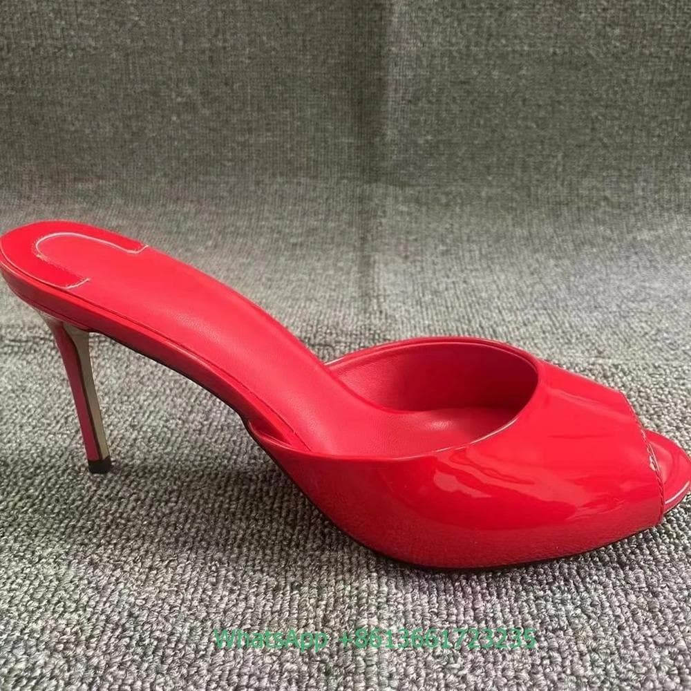 Papuci de Damă la Modă din Piele Naturală cu Vârf Decupat și Toc Subțire Sandale Solide de Vară la Modă Sandale Alunecătoare din Piele