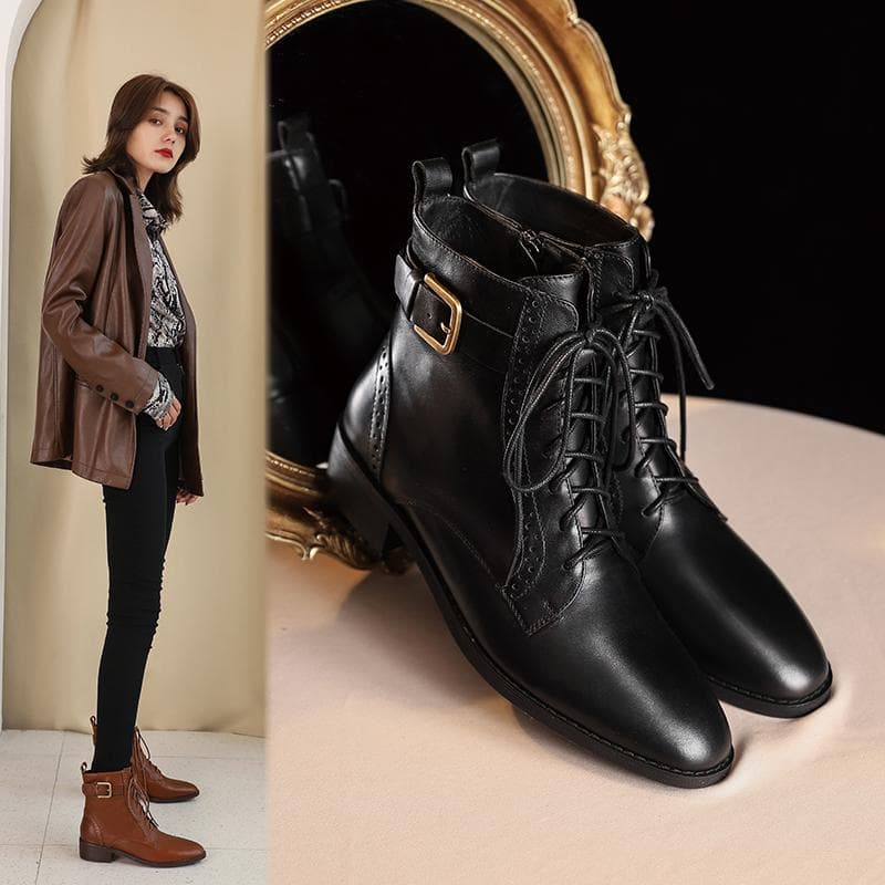 Cizme chelsea din piele naturală cu vârf rotund, cu cataramă metalică pentru curea Cizme pentru femei/modă toamnă cu fermoar lateral pantofi