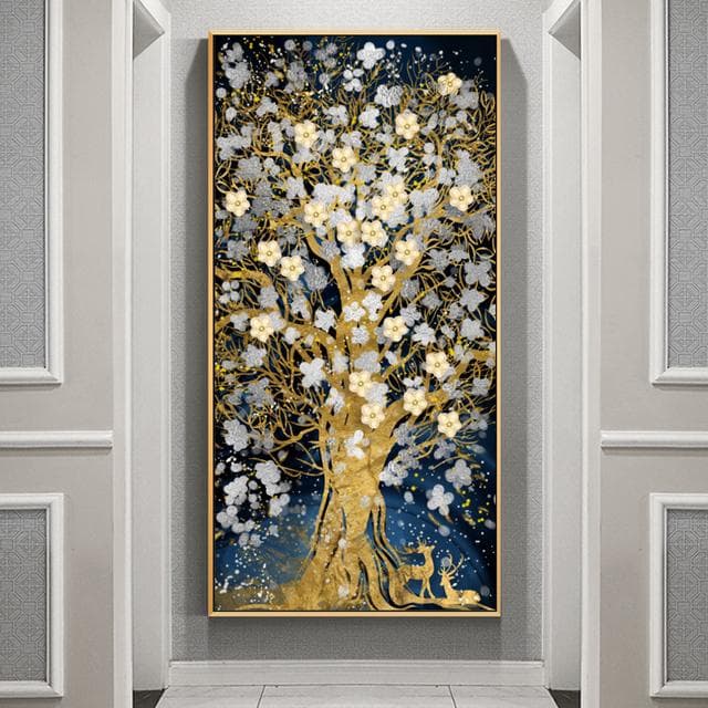 Pictură pe pânză cu flori de lux abstracte, flori albe, copac bogat, perete, afișe, imprimeuri, sufragerie, verandă, decorațiuni pentru casă