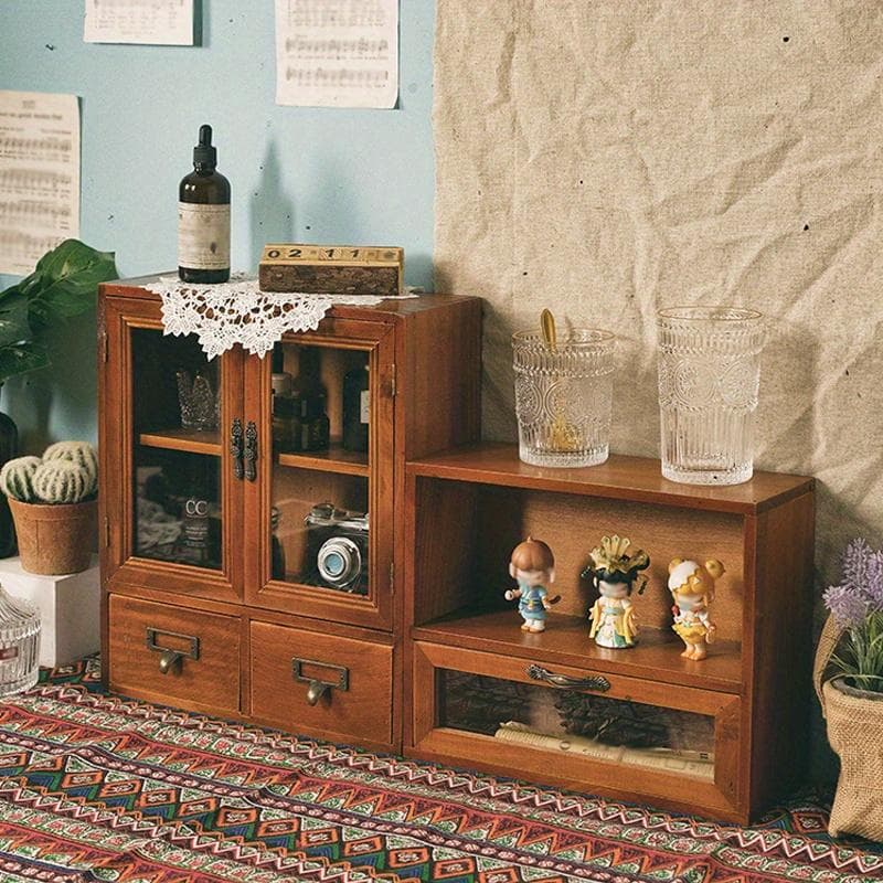 36*31*12cm/31*24*12cm 1 buc. Vitrină retro din lemn masiv, stil nordic, sertar pentru diverse, cosmetice și pahare