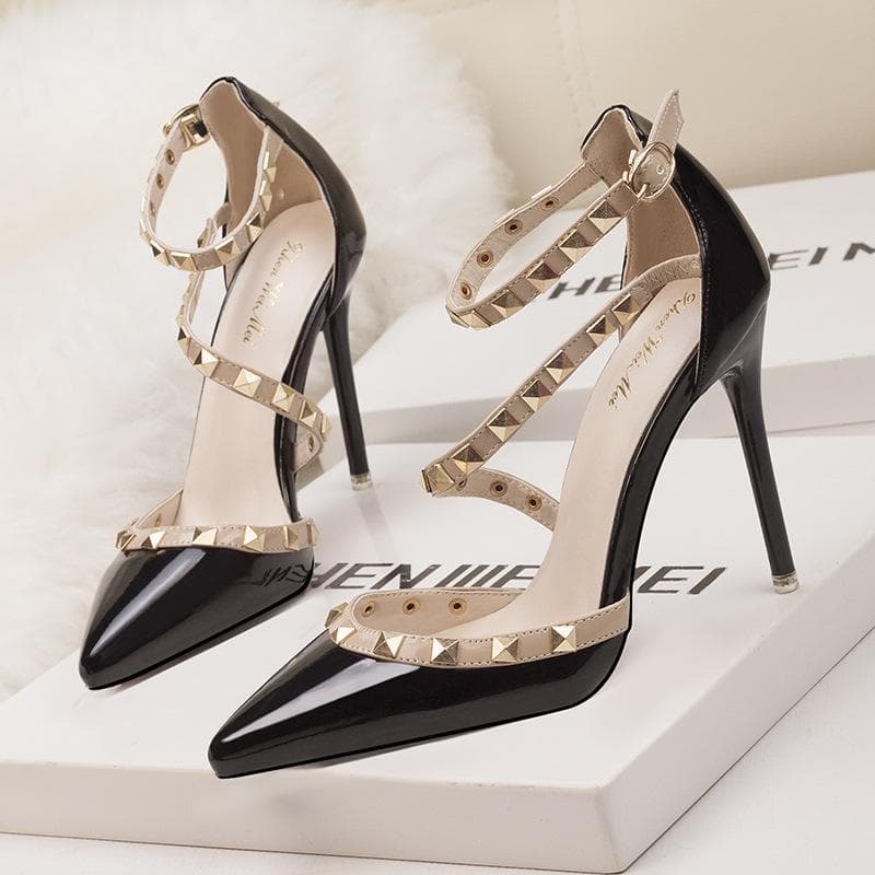 Pantofi de damă Pompe Cluburi de noapte simple, sexy, cu toc subțire de 10 cm, cu toc înalt, cu nit cu cap puțin adânc, centură cu cuvinte goale