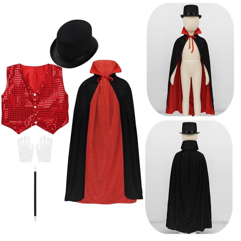 Costum copii ținută vestă pelerina pălărie baghetă magică seturi mănuși magician joc de rol costume de dans cor cm negru