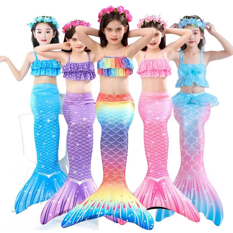 Costum Fete Sirenă pentru Petrecere + Coadă Sirenă Copii + Top + Chiloți Fată Halloween Cosplay Bikini Costum de Baie Haine Carnaval KTB cm