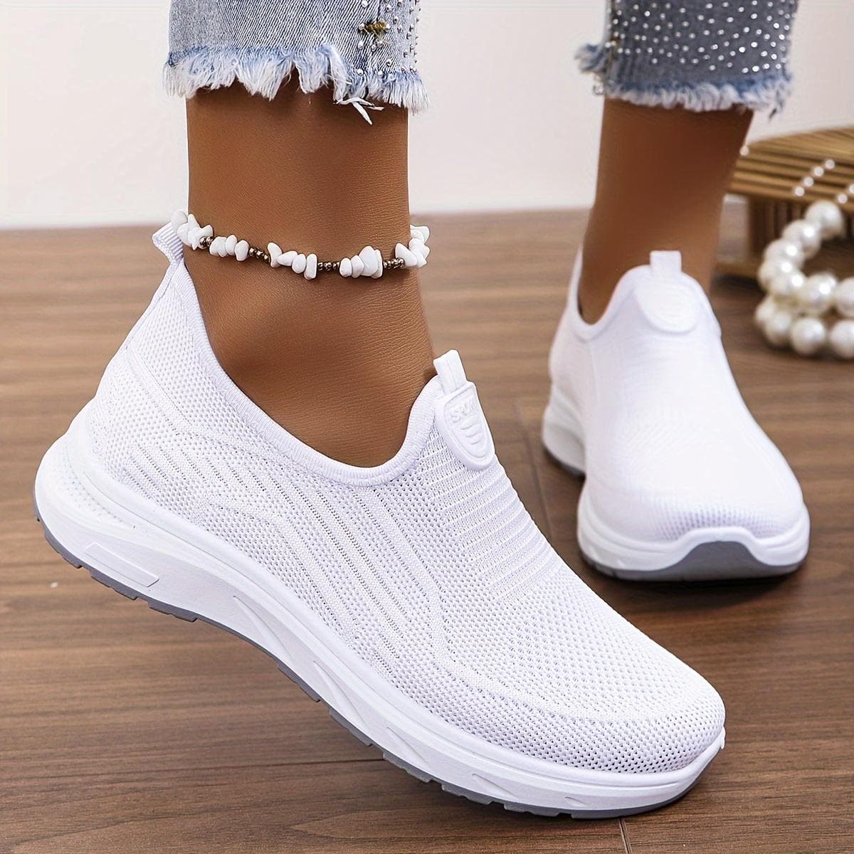 Pantofi de damă cu platformă de culoare uni, pantofi de exterior din tricot respirabil, pantofi sport confortabili cm alb