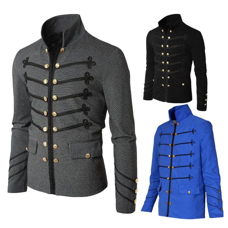 Jachetă medievală brodată cu două rânduri de nasturi pentru bărbați, guler subțire și jachetă cu mânecă lungă de culoare solidă cm negru