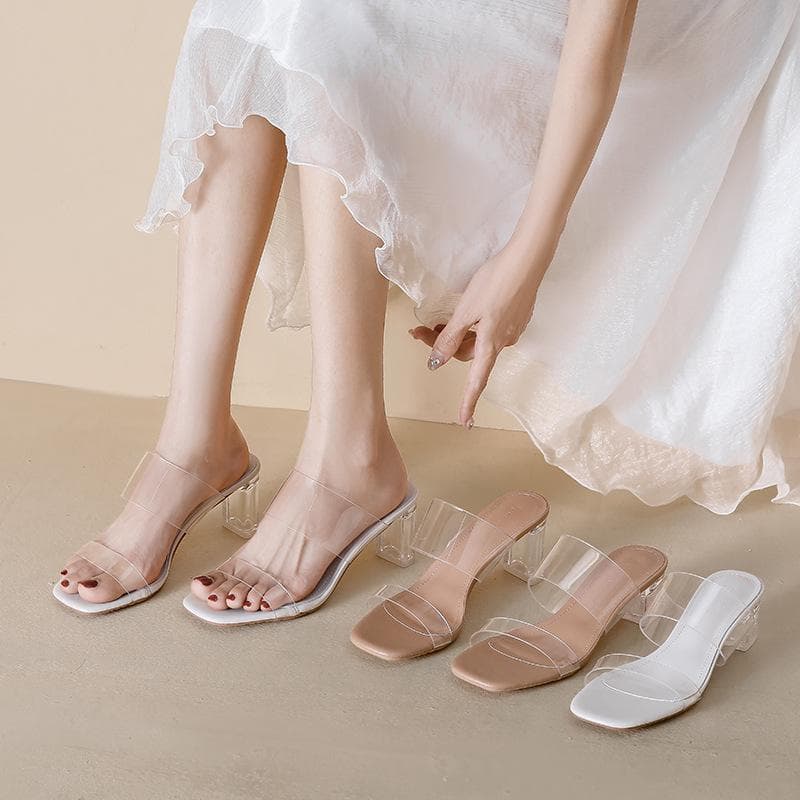 New leather sheepskin with transparent highheeled sandals women's thickheeled crystal and cool slippers cm
