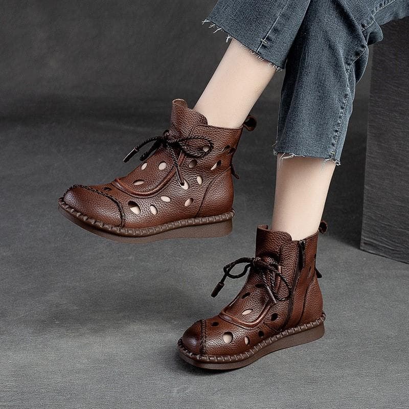 Johnature Pantofi de damă Sandale de vară din piele naturală Cizme cu șireturi cu vârf rotund, lucrate manual retro, respirabile cm negru