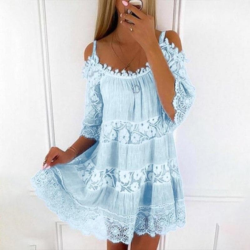 Rochie de vară cu mânecă scurtă, sexy, cu umăr gol, camisol, din dantelă, culoare solidă, guler O, scurtă, mini, 26249 cm negru