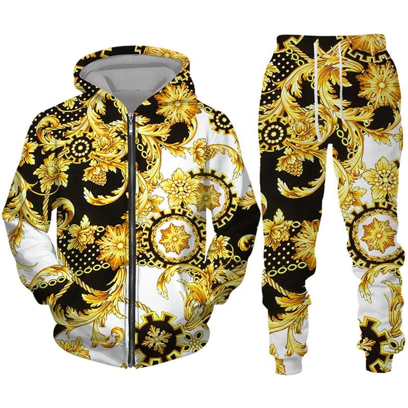 Set de trening pentru bărbați, cu fermoar, cu model auriu de lux, cu imprimeu 3D cm