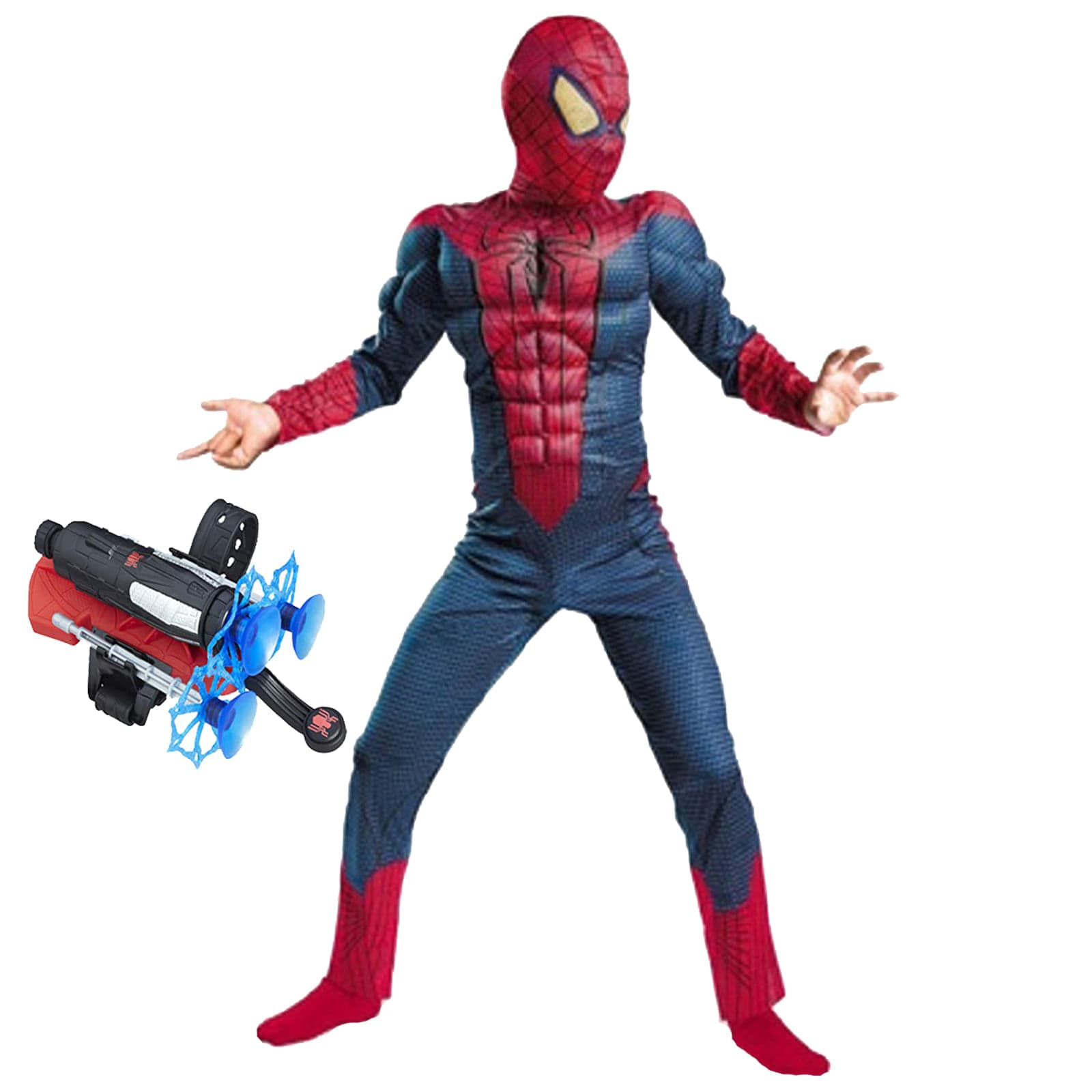 Set costum Spiderman cu muschi si lansator ventuze pentru baieti 100-110 cm 3-5 ani