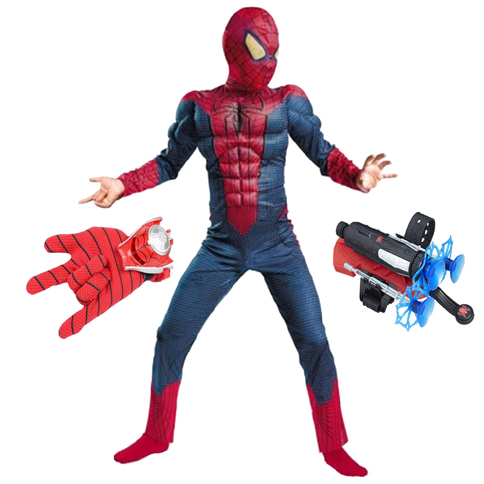 Set costum Spiderman cu muschi si doua lansatoare pentru baieti 120-130 cm 7-9 ani