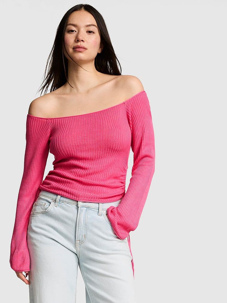 PINK cu drapaj lateral off-shoulder Pulover
