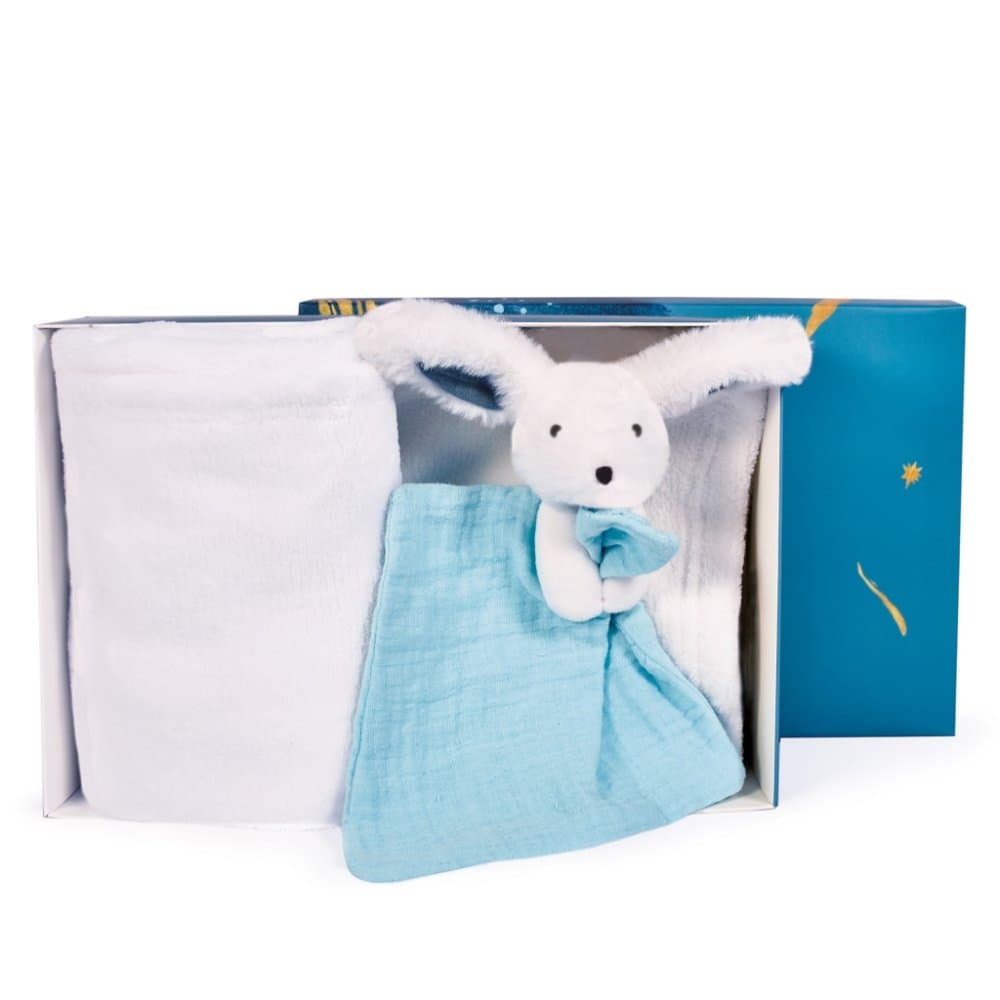 Set cadou Doudou iepuraș vesel, pled și pluș albastru